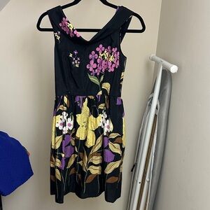 Floral Black Mini Dress with Purple and Yellow Accents